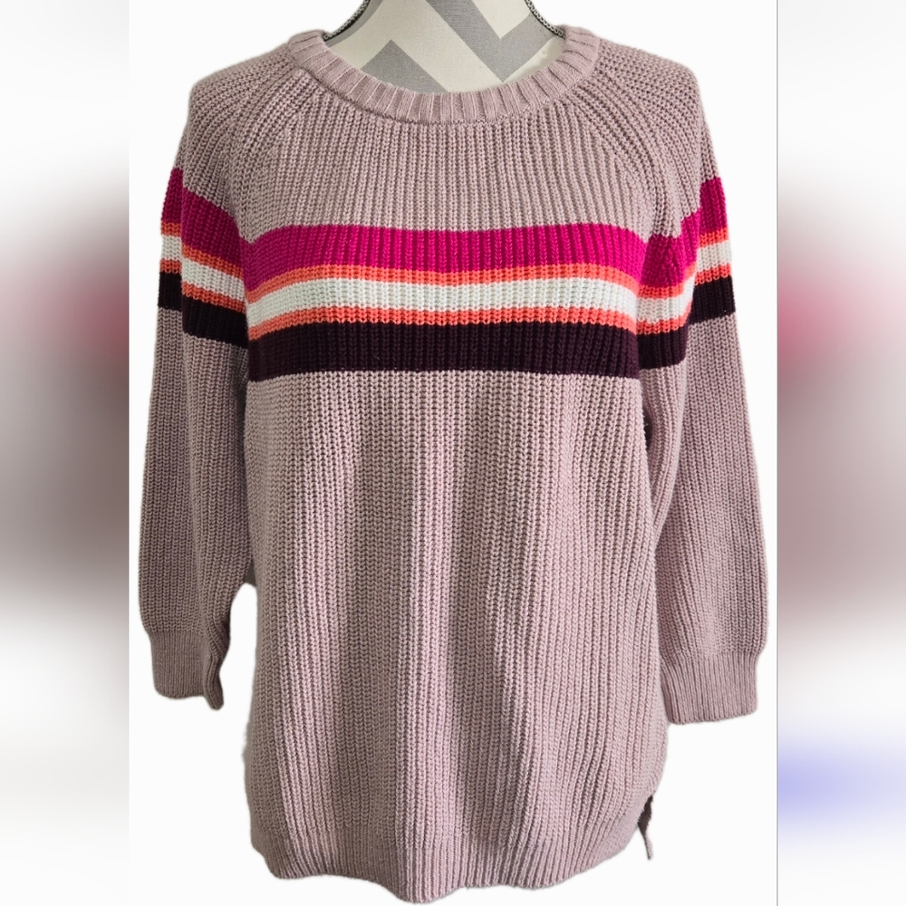 Express Crew Neck Knit Sweater Pink White Burgundy Stripe Size Medium